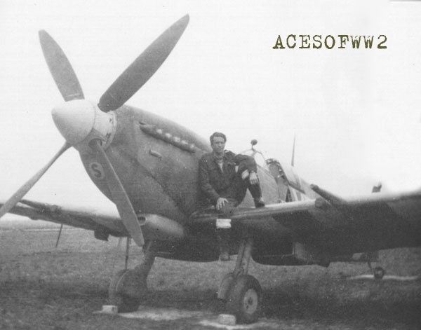 Wilf Banks 1944 sitting on Spitfire VZ-S