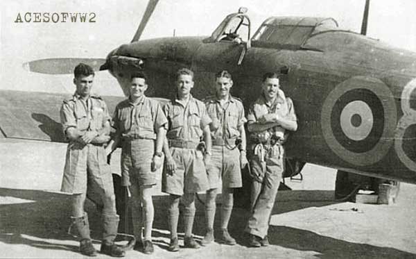 Members of Number 17 Sq. at Mingaladon, 26 Feb.'42 - Sgt."Tex" Barrick is 2nd from left & F/L "Bush" Cotton is on the right leaning on his Hurricane (Cotton collection via Osprey A/C of the aces #57 Hurricane Aces 1941-45)