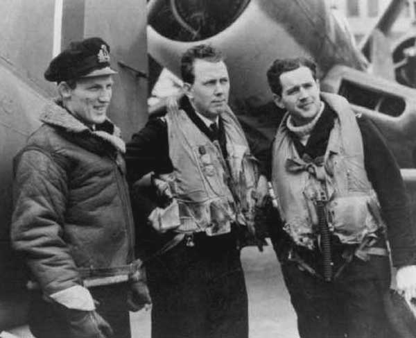 Lt. Ron Hayter, Lt. Don "Pappy" McLeod and Lt. Don J. Sheppard aboard HMS Victorious