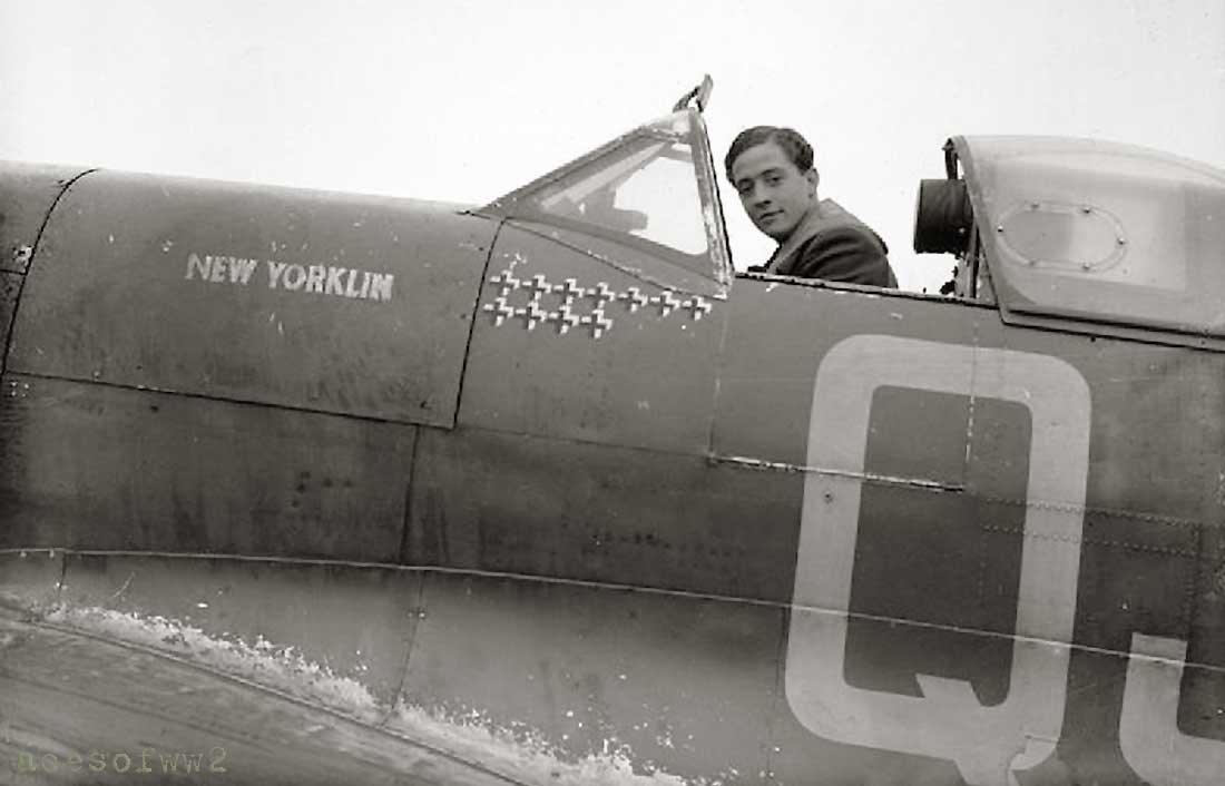 Max Milne in Spitfire "New Yorklin" showing 11 kill markings painted on the side