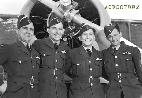 #8 SFTS Moncton N.B.; Four Airmen from New England were among the pilots graduating from No. 8 S.F.T.S., Moncton, N.B. recently. The group, each man proudly wearing his R.C.A.F. pilot's insignia, is shown above as follows; (left to right) Leading Aircraftman Harvey D. Johnson, 504 Broadway, Westville, N.J.; LAC Leicester Bishop, Cranford, N.J.; LAC J.J. Doyle, 337 Sanford St., Hillside, N.J.; and LAC Philip Popkin, 401 Cabot St., Beverly, Mass.