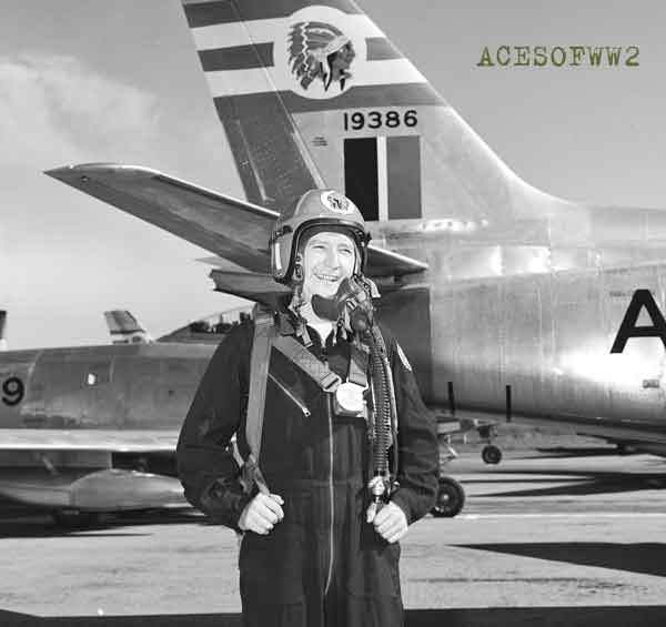 23 September 1952 - Seems the RCAF did not frown too heavily on pilots who went to fight (illegally) for Israel in 1948. Some came back and reenlisted in the RCAF after the war. Here Doyle poses by a Sabre while a member of 421 Squadron based out of St. Hubert, Quebec.