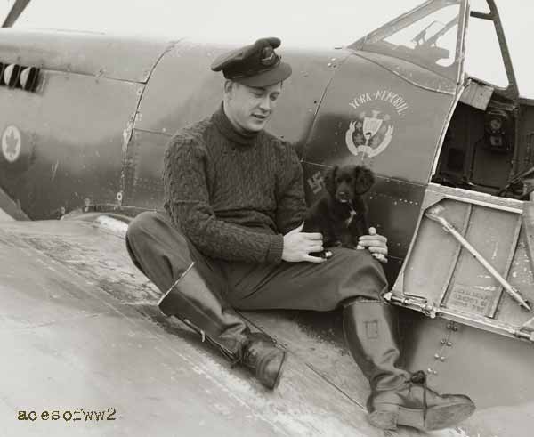 Deane MacDonald with Dog on wing of Spitfire "York Memorial"