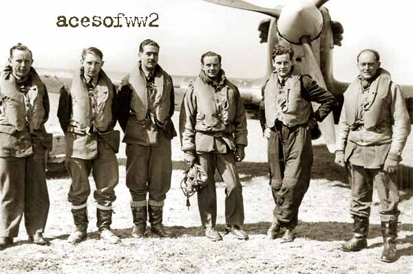 43 squadron pilots at Wick, Caithness during the Battle of Britain from Left to Right - J Arbuthnot, R Plenderleith, HJL Hallowes, JWC Simpson, PW Townsend & Upton